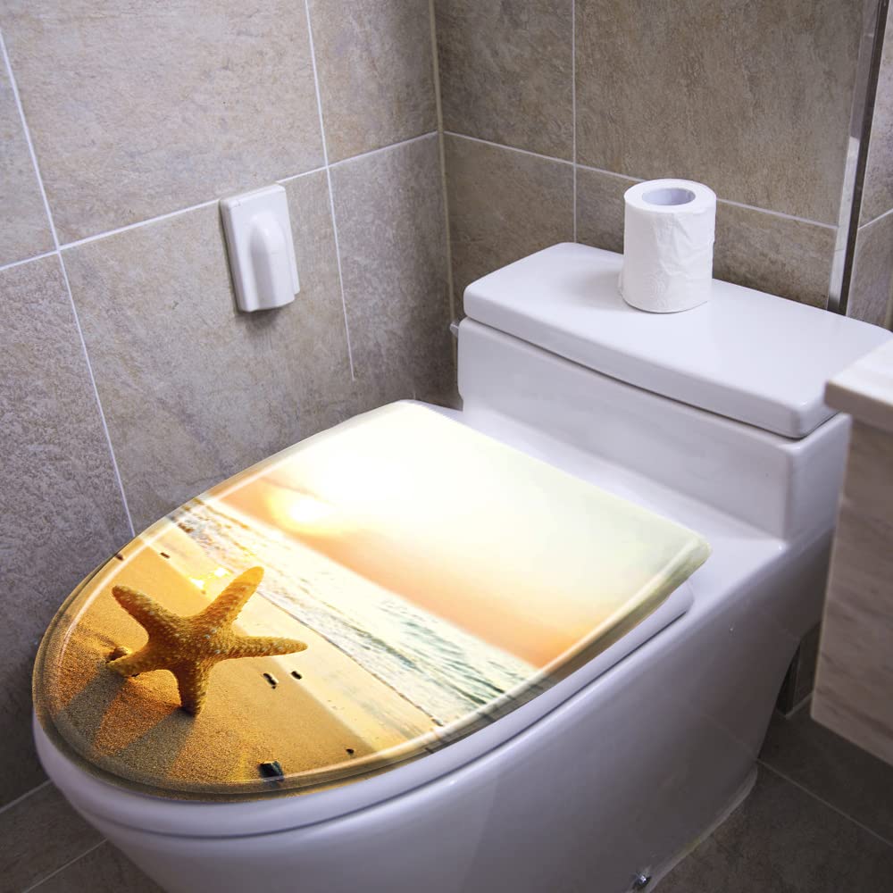 Froadp Asiento de inodoro con tapa ovalada de cierre suave, asiento de inodoro antibacteriano de plástico duro para todos los inodoros estándar, fácil instalación y limpieza (estrella de mar)