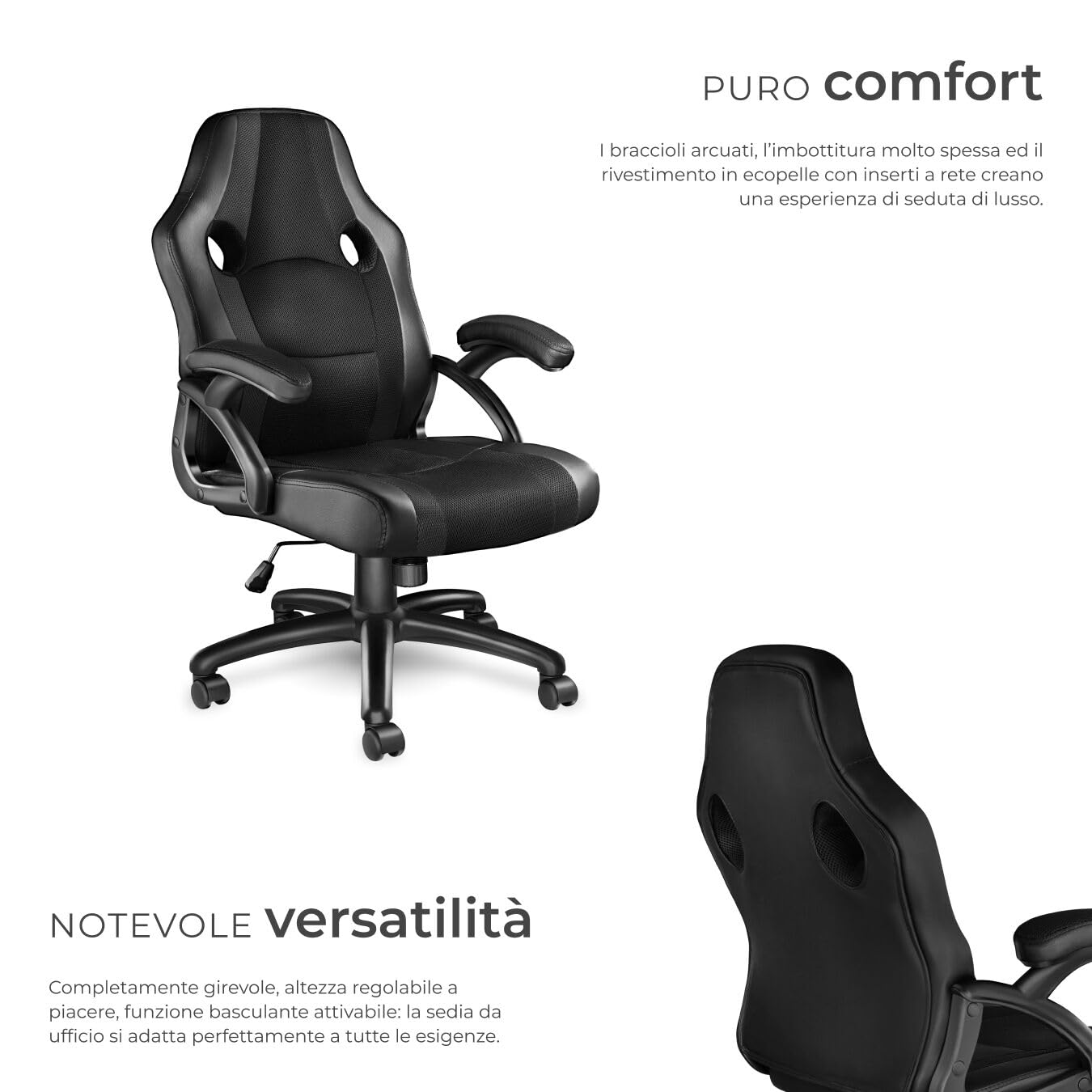 tectake® Sedia da Ufficio Ergonomica, Poltrona Gaming con Rivestimento in Similpelle, Regolabile in Altezza, Rotazione a 360 Gradi, Base Stabile con 5 Rotelle, Design Sportivo - Nero