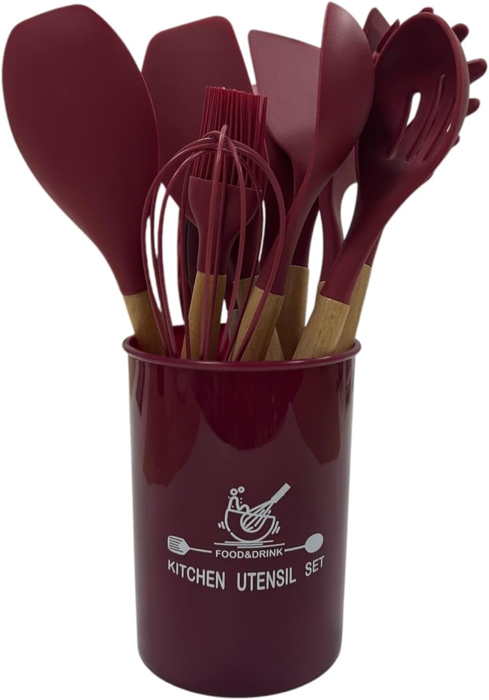Silicone Kitchen Utensil Set with Wooden Handles, 12-Piece (Wine Red)