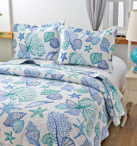 Chesity Beach Quilts King Size 3-Piece Reversible Ocean Bedspread Coastal Bedding Set Summer Lightweight Starfish Seashell Conch Coverlet Set Bedding Cover Conch Sheet(96"X106") #TOP6