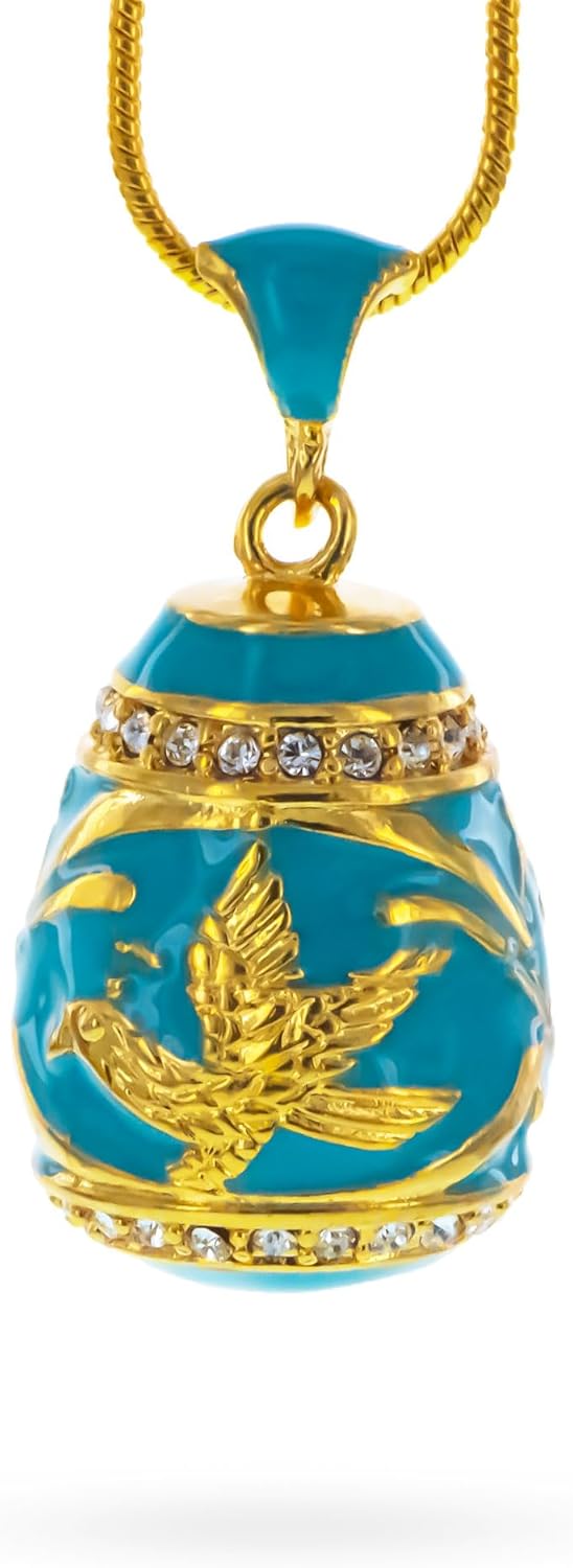 BestPysanky Aquamarine Enamel Gold Bird Royal Egg Pendant Necklace