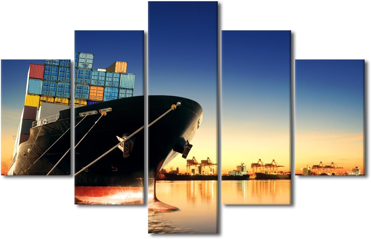 - Framed Canvas Wall Art 5 Panels Container Ship in Import Export Port Against Beautiful Morning Pictures Print On Canvas for Bedroom Living Room Wall Decoration, Ready to Hang, 60" Wx40 H