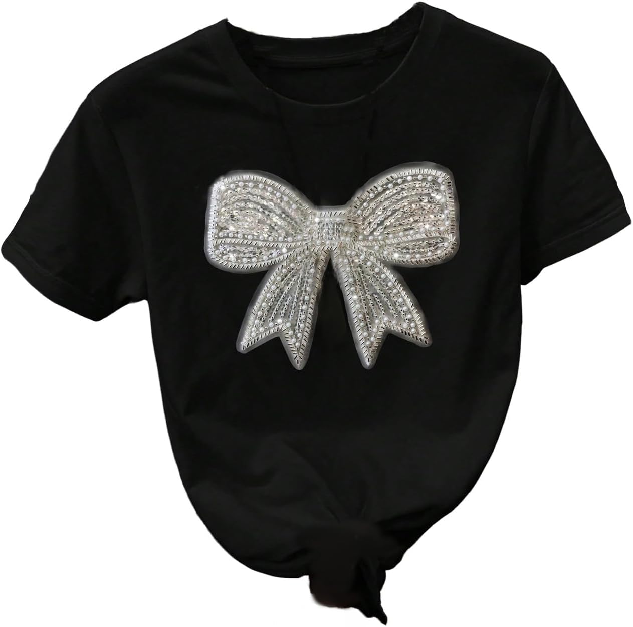 Floerns Women's Cute Short Sleeve T Shirts Bowknot Sequin Crew Neck Going Out Tee Tops