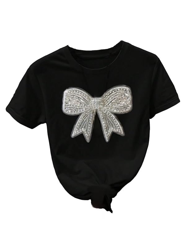 Floerns Women's Sequin Cute Short Sleeve T Shirts Bowknot Crew Neck Tee by Floerns - Used condition - US$23.41