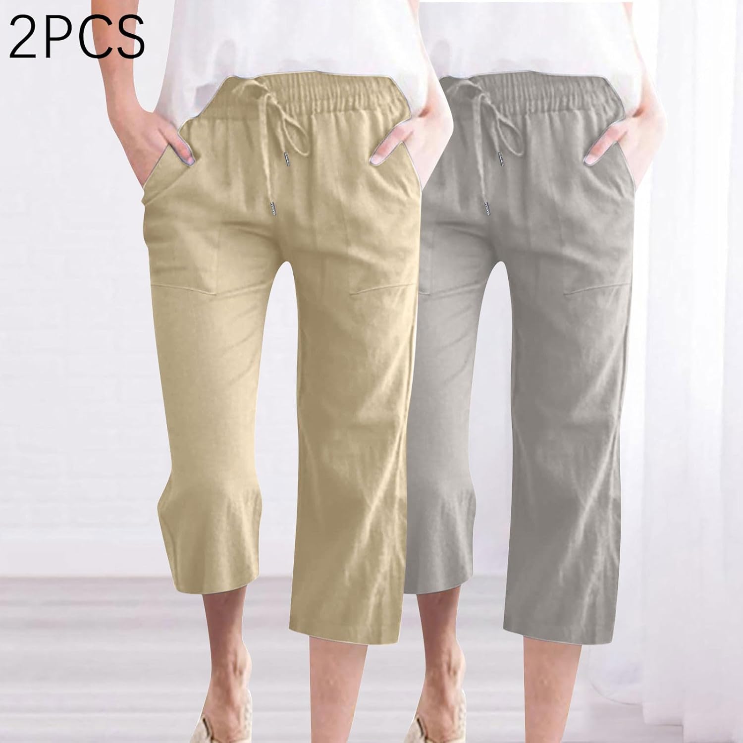2 Pcs Cotton Linen Capri Pants for Women Drawstring Elastic Waist Pant 2025 Trendy Straight Wide Leg Cropped Trousers