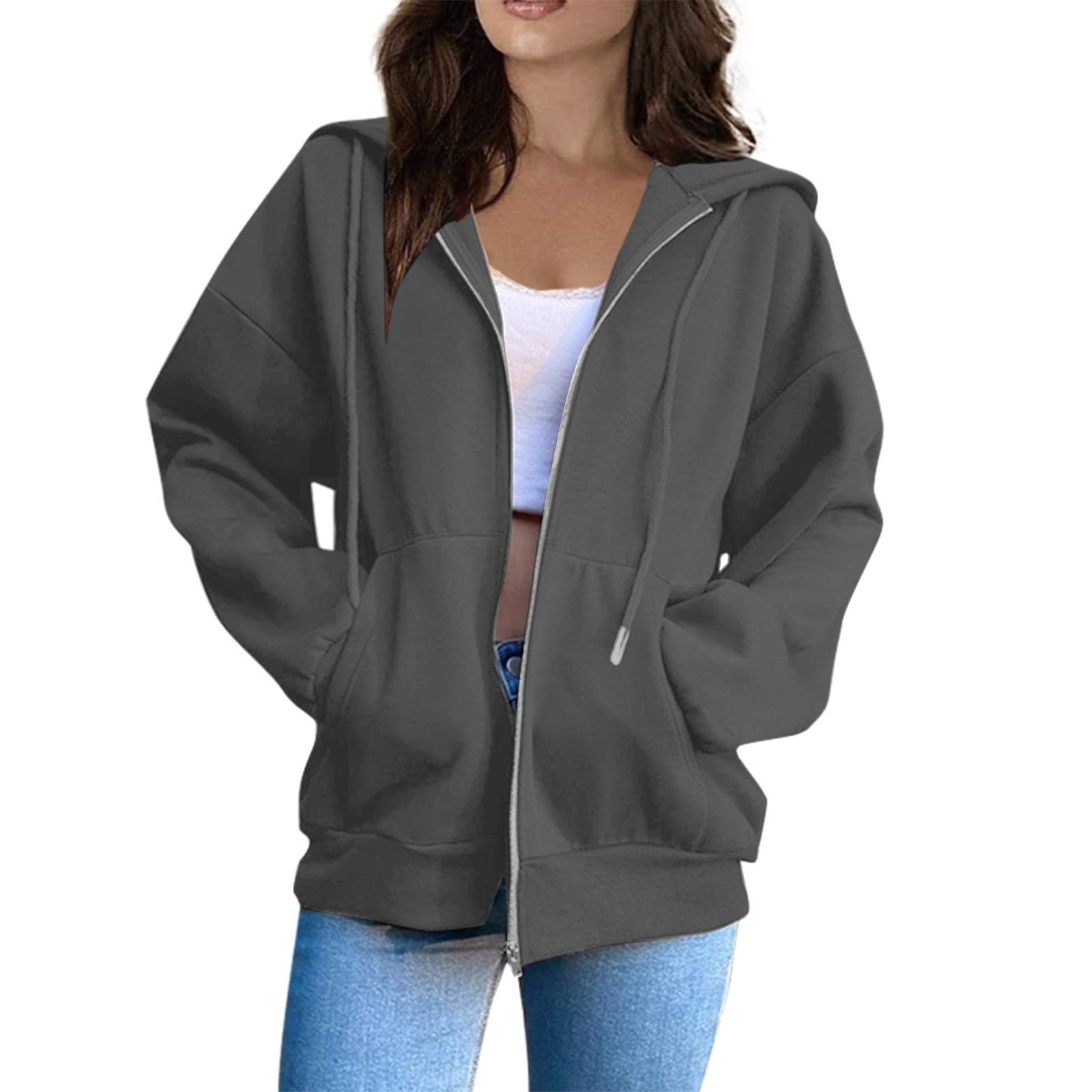 Zip Up Hoodie Women Oversized Solid Color Trendy Casual Sweatshirts Jacket Drawstring Pullover Tops With Pockets