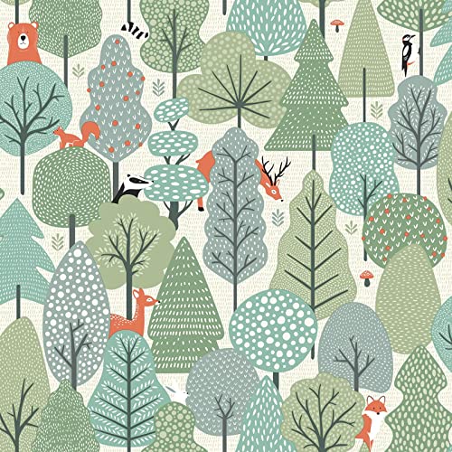 Muriva Wild Woodland Animals Scandi Trees Wallpaper Kids Nursery Feature Wall Green M51604