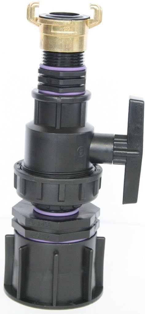 AME80_9482+100 outlet adapter S60x6 coarse thread with reducing nipple ET 1”, plastic bal valve + double nipple and a brass fixed coupling suitable for GEKA, IBC containers, accessories, garden, vats, rainwater tanks, adapters, fitting, cans, cistern, ton