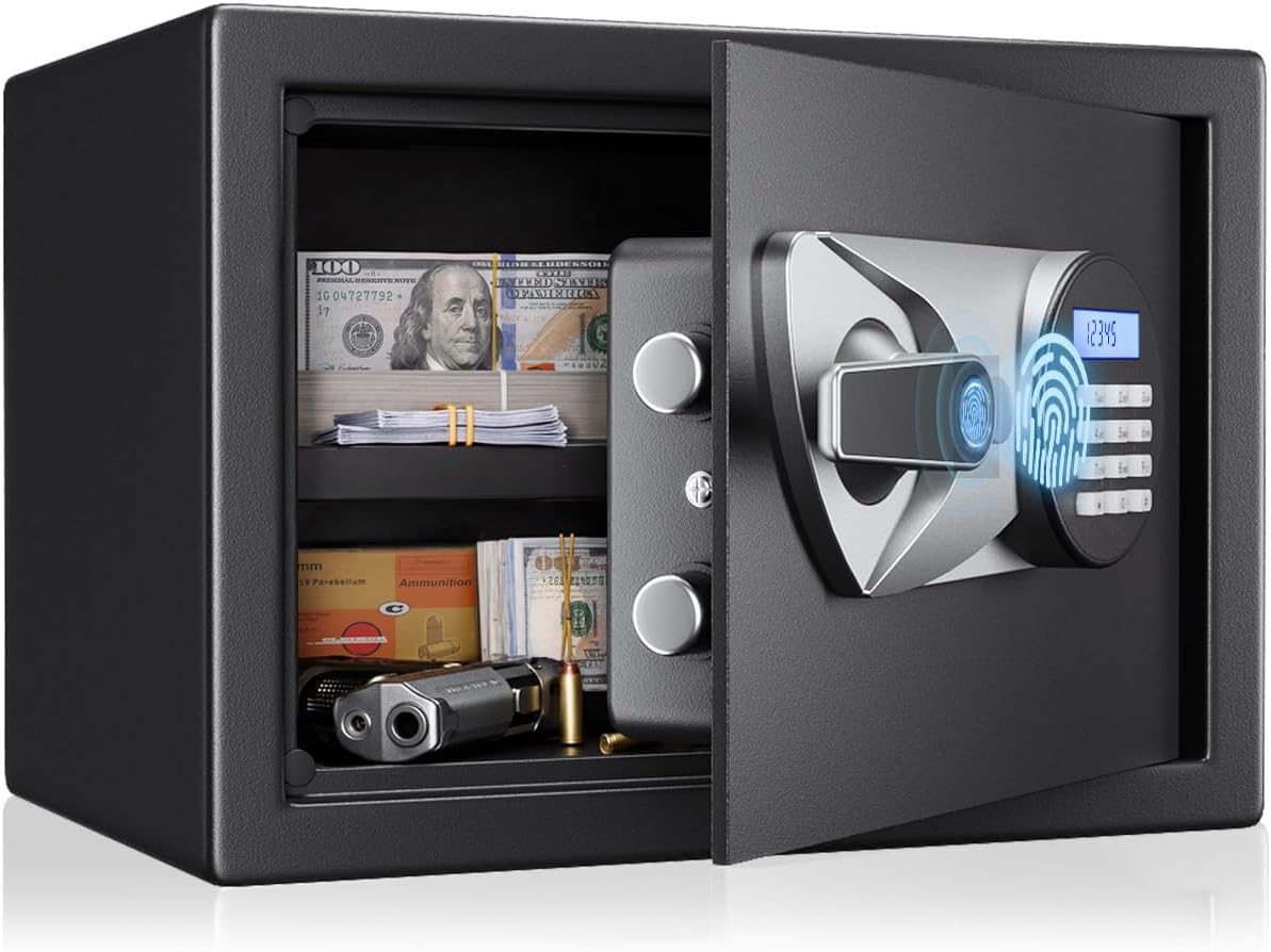 BlackSmith Home Safe Box 1.2 Cubic Feet Biometric Gun Safe Quick Access Fingerprint Security Lock Box for Pistols, Cash, Jewelry with Dual Alarm System LCD Display and Fireproof Bag