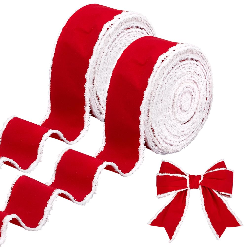 MAYJOYDIY 2 Rollen 20M Weihnachts Samt Dekorationsband 6.6cm Breites Rotes Samtband mit Draht und Weißer Schneeverwehungs Kante Weihnachtsbaum Rote Bänder für Große Schleifen Basteln Weihnachtskranz