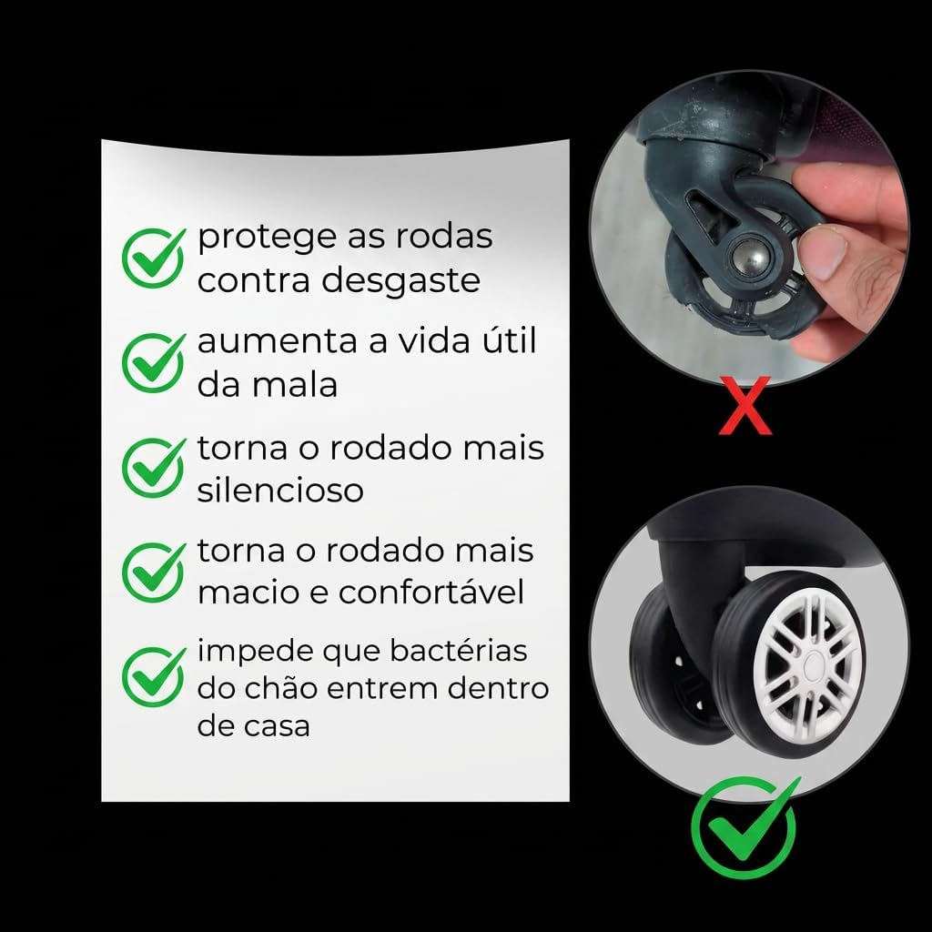 Capa Protetora para Rodinha de Mala - Kit 8 Unidades - Antiarranhão e Redução de Ruído – Cor Preta Capa Protetora para Rodinha de Mala - Kit 8 Unidades - Antiarranhão e Redução de Ruído – Cor Preta