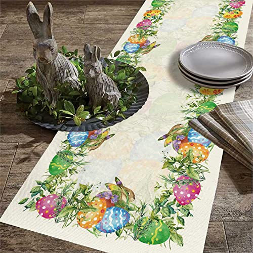 Whomeaf Spring Happy Easter Bunny Table Runner Colorful Eggs Burlap Table Runners Green Leaves Cute Rabbits Spring Seasonal Kitchen Dining Decor For In/Outdoor Home Party Holiday 13X72 Inch #TOP2