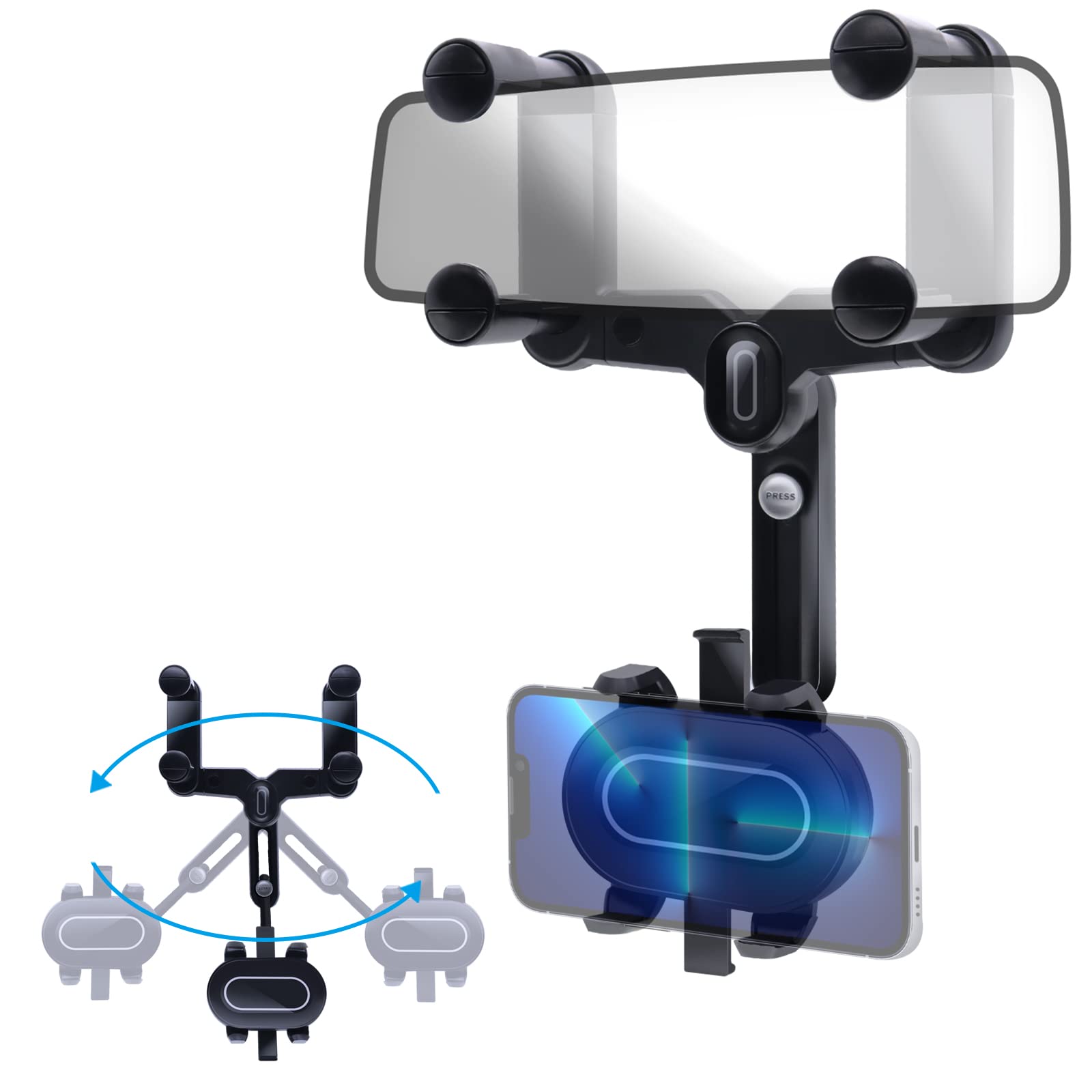 PCAPPABCD Car Phone Hold-Rearview Mirror Phone Holder for Car, 360° Rotatable and Retractable with Adjustable Length Rearview Mirror Phone Holder for All Mobile Phones and All Car