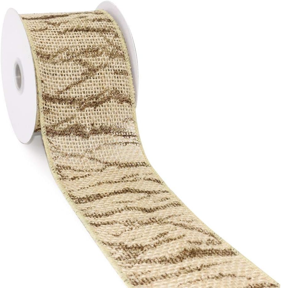 CT CRAFT LLC Burlap Brown Zebra Wired Ribbon for Home Decor, Gift Wrapping, DIY Crafts, 2.5” x 5 Yards x 1 Rolls - Natural