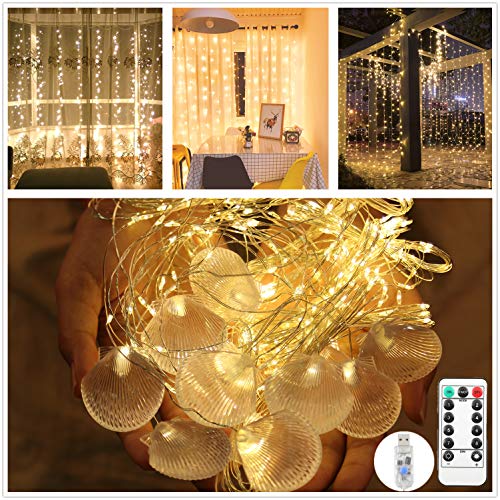 AGM Fairy Curtain Lights, 3m*3m Waterproof Indoor Outdoor String Lights with USB Powered, Sea Shell Light at The End of Every Rope Light, 8 Modes Remote Controlled 300 LED Decoration Lights