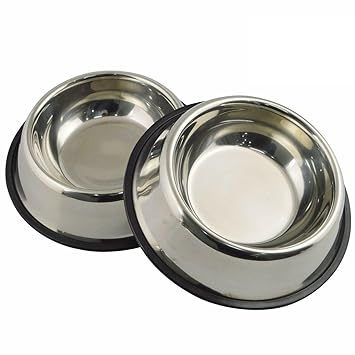 The DDS Store Pets Dog Cat Puppy Anti Skid Stainless Steel Travel Feeding Food Water Bowl Dish 400 ML Set of 2
