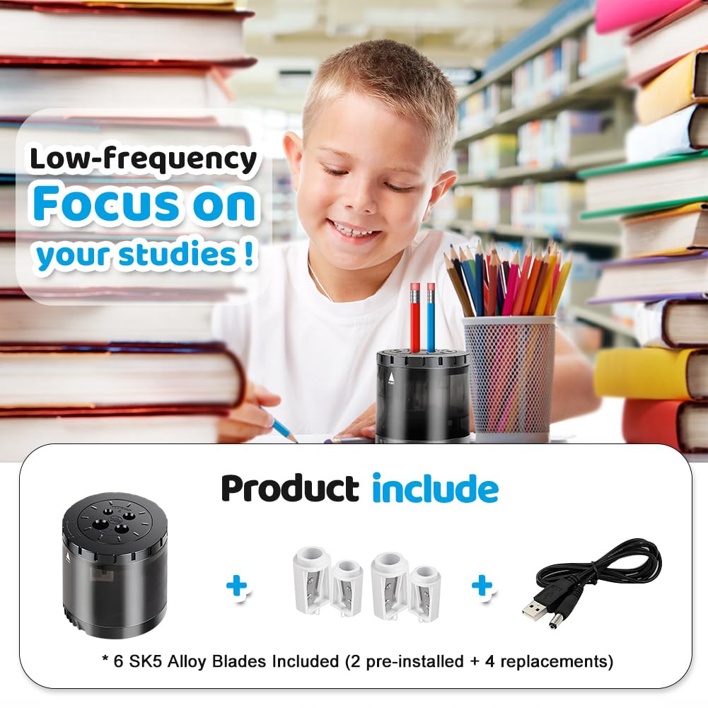 Taille-crayon électrique robuste USB et alimentation par batterie, 4 lames de rechange, 4 trous réglables pour crayons d'art de 6 à 12 mm, taille crayon automatique de grande capacité, noir