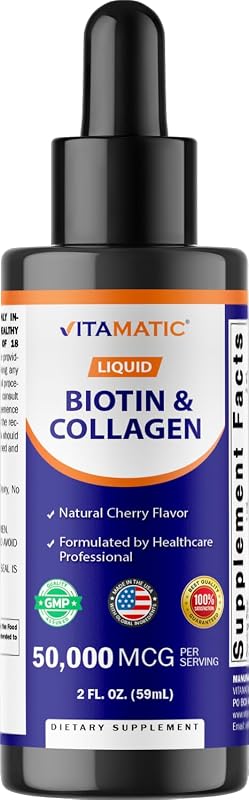 Vitamatic Suplemento líquido para cabelos, pele e unhas com biotina e colágeno hidrolisado 50.000 mcg, 59 mL