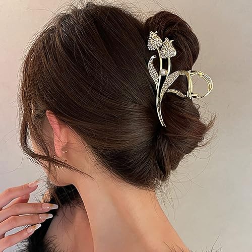 Miniatura 5 de Pinzas para el cabello con diseño de flores, pinzas grandes de metal dorado con diamantes de imitación, accesorios de peinado con forma de tulipán