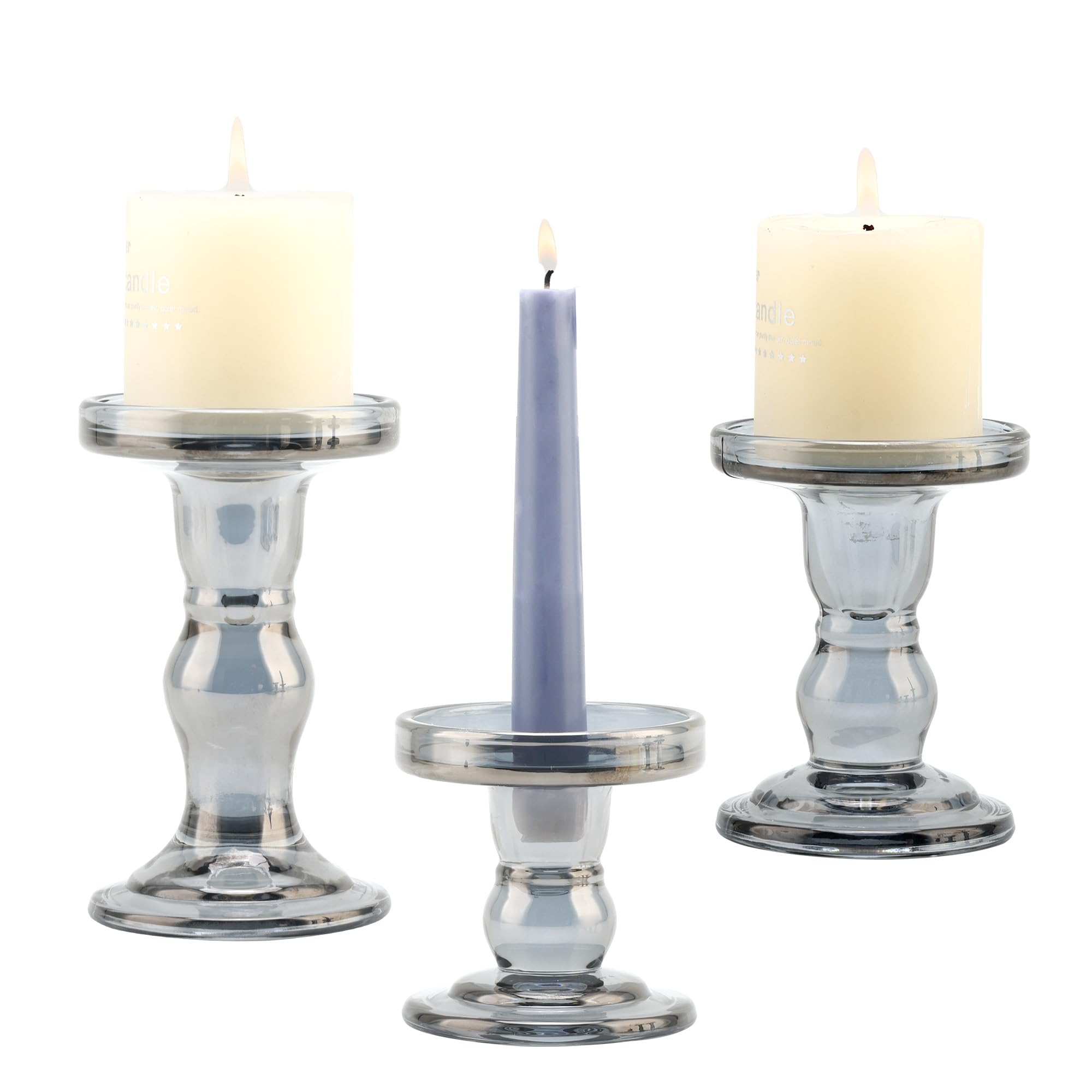 Gray Glass Candle Holder Set, QENUIITEA Set of 3 Clear Candlesticks Holders Pillar Taper Candles Tea Light Stand for Centerpieces Church Wedding Party Home Decor Dining Table
