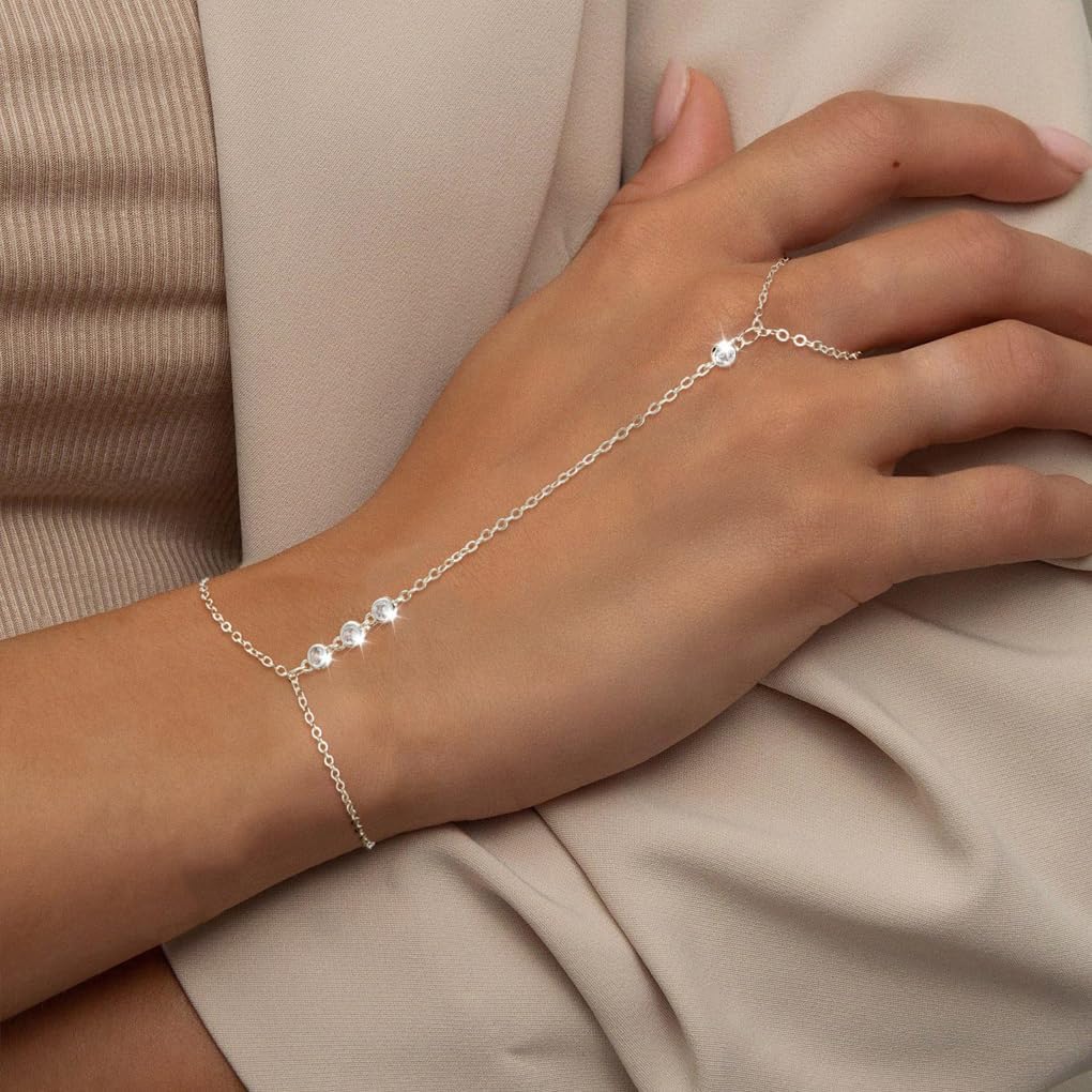 Dainty Gold Hand Chain Bracelet for Women Trendy Rhinestone Link Finger Ring Slave Bangles Simple Crystal Long Chain Bracelet Charm Wedding Jewelry