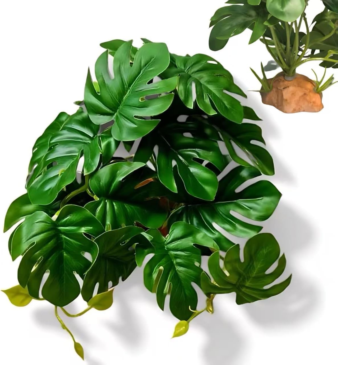 Reptile Plants for Terrarium, Amphibian Habitat Decor Plants with Artificial Stone Base for Gecko Chameleon Snake Tortoise – Fake Monstera Deliciosa