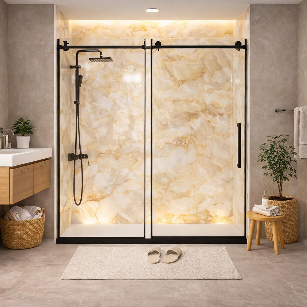 Frameless Single Sliding Shower Door 56-60 "W x 76" H, 1/4 "(6 mm) Clear Tempered Glass, Explosion Proof Film, Stainless Steel Handle Square Tube Track,Matte Black