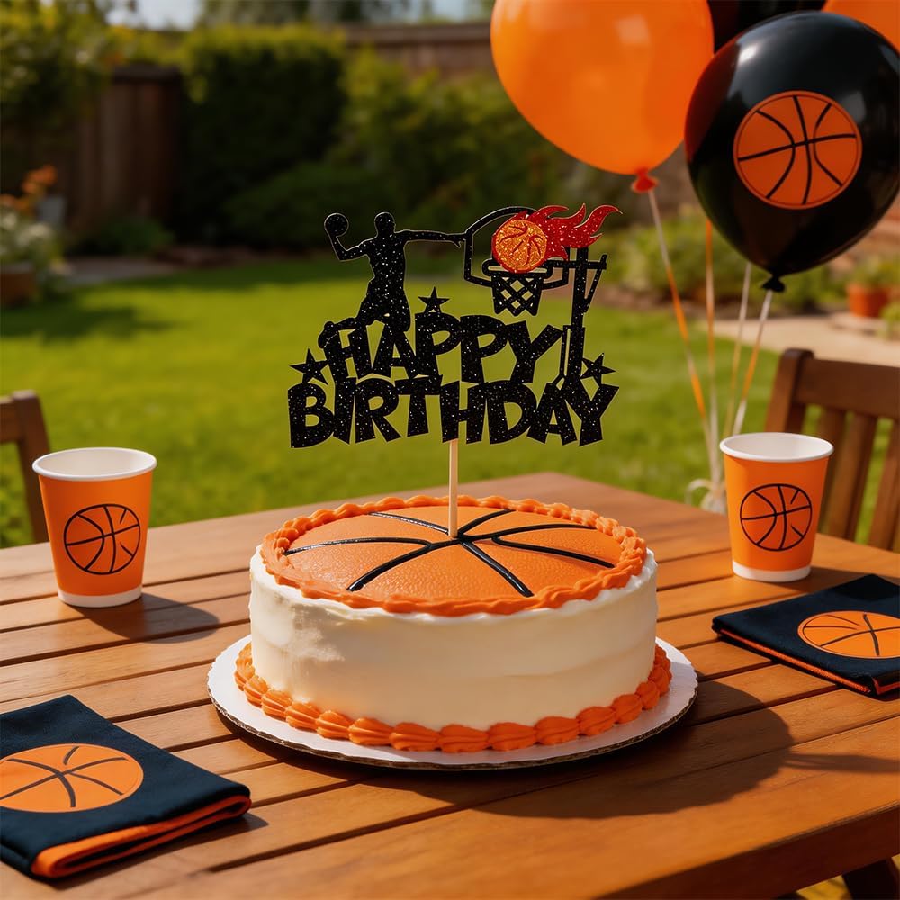 Basketball Cake Topper - 2PCS Non-Edible Cake Decorations with Food-Safe Bamboo Sticks for Sports Theme Birthday Party, Basketball Player Silhouette and Ball Design