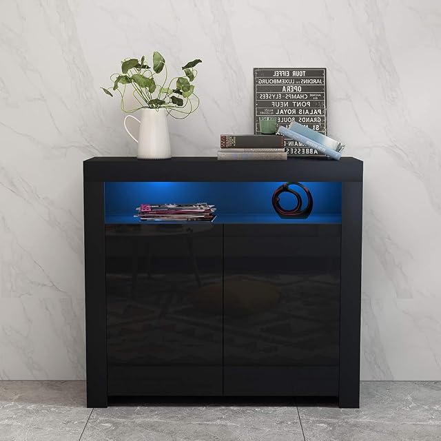 Panana 2 Door Modern LED Sideboard Matt Body and High Gloss Fronts, Cabinet Cupboard Unit with Multicolor LED Light, 107 cm *35 cm *97 cm (Black)