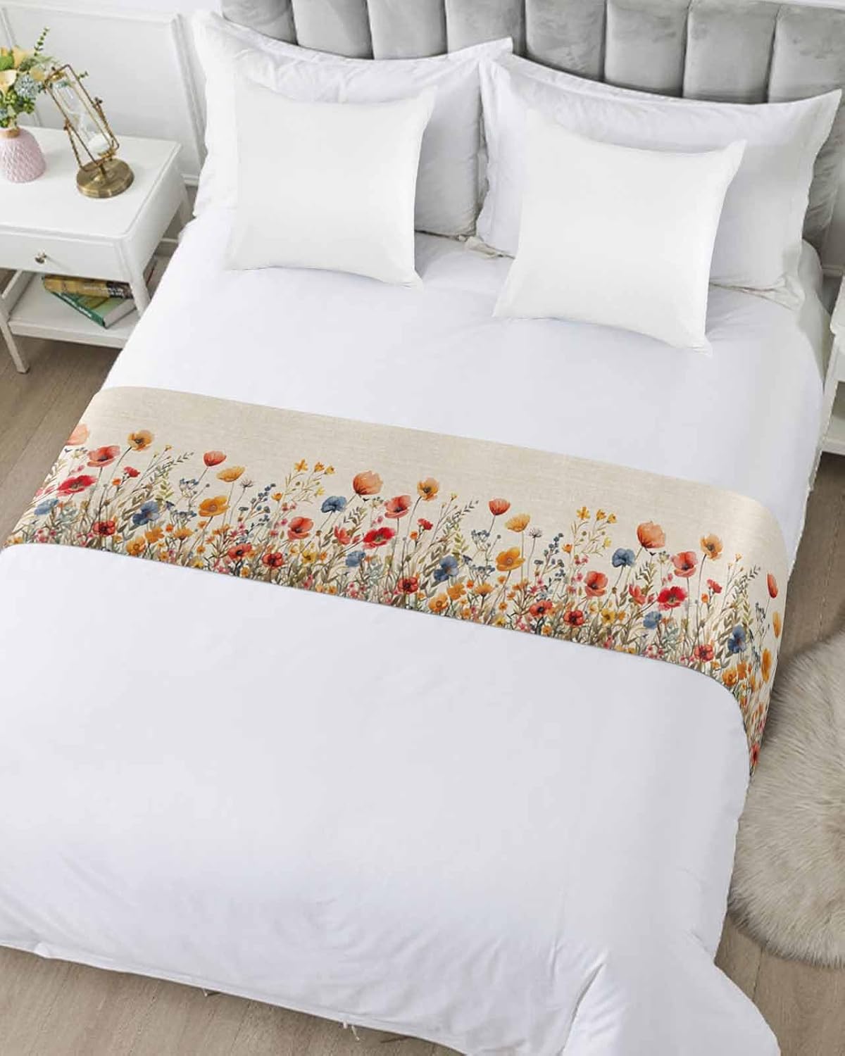 Watercolor Garden Blossom Floral Bed Runners for Bedroom HotelDecorative Bedding Scarf Natural Flower Leaves on Linen Bed End Blanket Bedding Runner Scarves for Queen Size Bed,94x20in