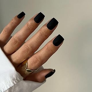 Matte Black Press On Nails Short Square, Gel Nails Glue on 2025 Fall Colors Acrylic Nails Press ons Featured Protective Coat Thick Reusable Fake Nails 24Pcs Short Coffin Artificial Nails