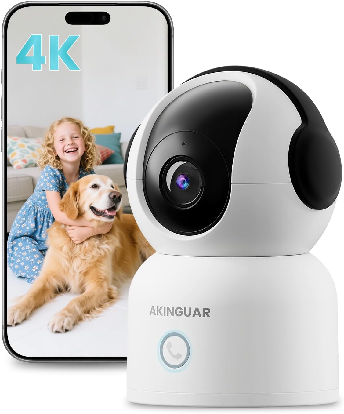 4K 8MP WiFi Camera, 360°Pan/Tilt Indoor Camera, 2-Way Talk, One-Touch Calling, Full-Color Night Vision in Low Light, Smart AI Detection, Auto Tracking, for Kids/Elderly/Pets, Black