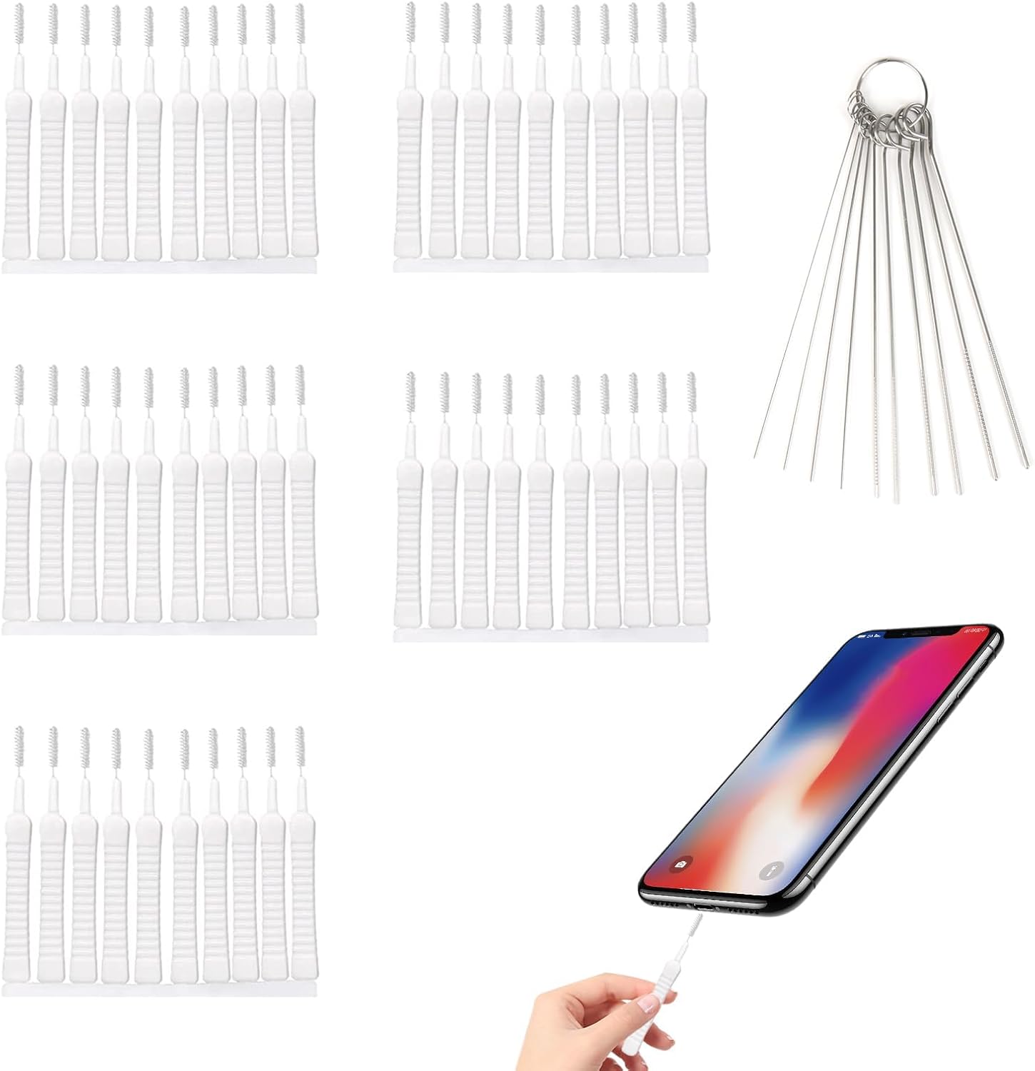 60Pcs Phone Mini Cleaning Brush Sets, Phone Speaker and Receiver Anti-Clogging Nylon Bristle Brush with 10 Picks Stainless Steel Pins, Small Hole Dust Cleaning Tool Suitable for Phone Earphone