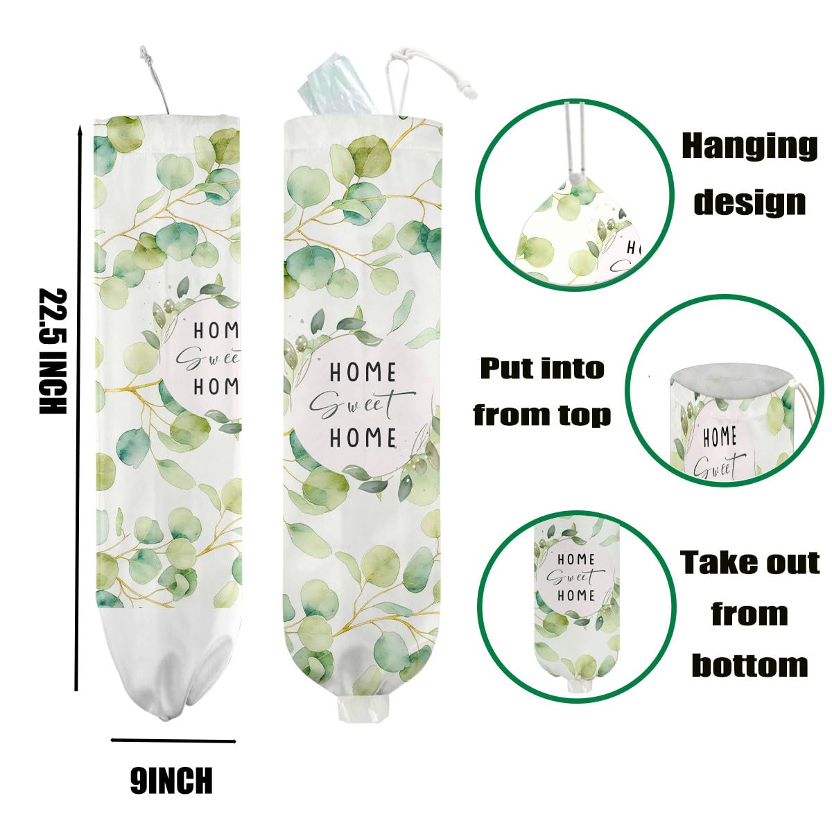 Porta sacchetti di plastica con foglie di eucalipto, 50 x 22,5 cm, supporto da parete per sacchetti della spesa per sacchetti di plastica, dispenser riutilizzabile, decorazione per la casa, cucina