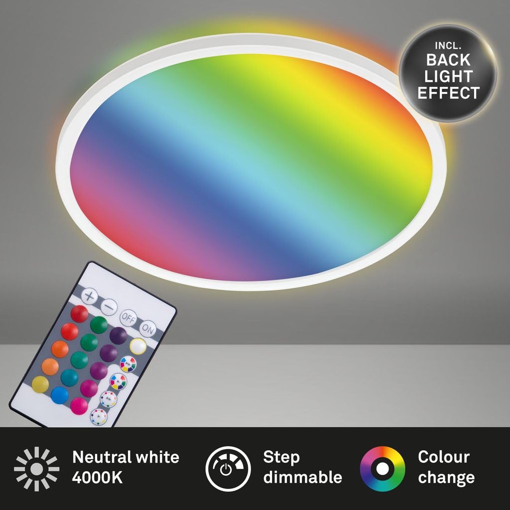 BRILONER Leuchten - LED Panel, Deckenleuchte dimmbar, Deckenlampe, RGB, Farbsteuerung, Backlight, inkl. Fernbedienung, 22 Watt, 2.700 Lumen, 4.000 Kelvin, Weiß, Ø 42cm