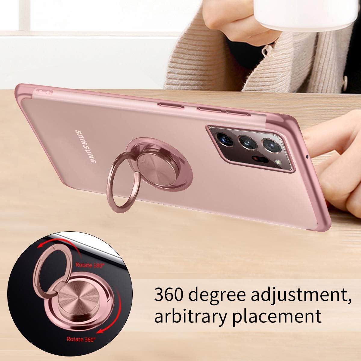 Ownest Compatible with Samsung Galaxy Note 20 Ultra Case with Built-in 360 Rotatable Ring Kickstand Fit Magnetic Car Mount and Clear Slim TPU for Samsung Note 20 Ultra (5G)-(Rose Gold)