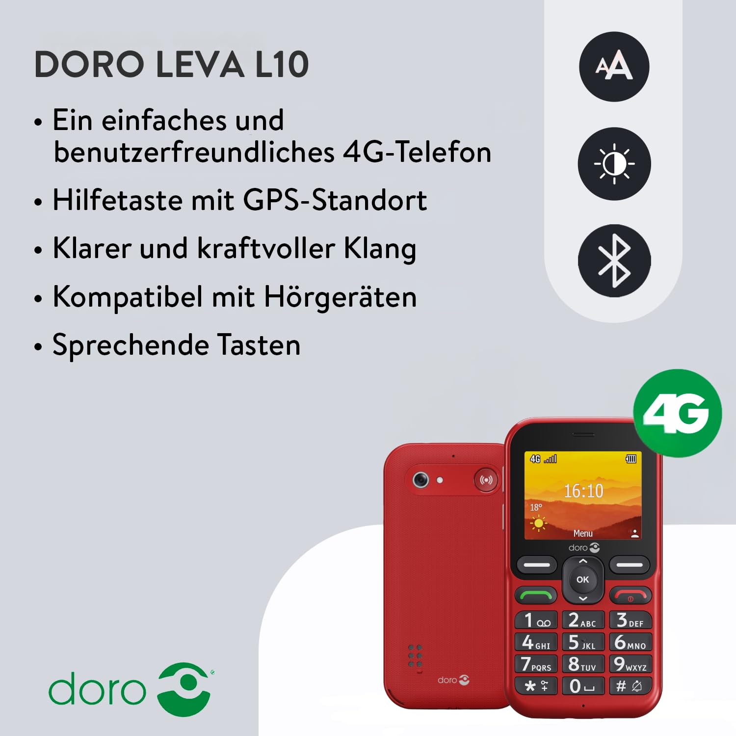 Doro - Leva L10 - Téléphone Portable Senior - Téléphone 4G Débloqué - Grand Écran - Son HD Puissant - Appareil Photo - Touche d'Assistance Avec GPS - Socle Chargeur Inclus - Graphite
