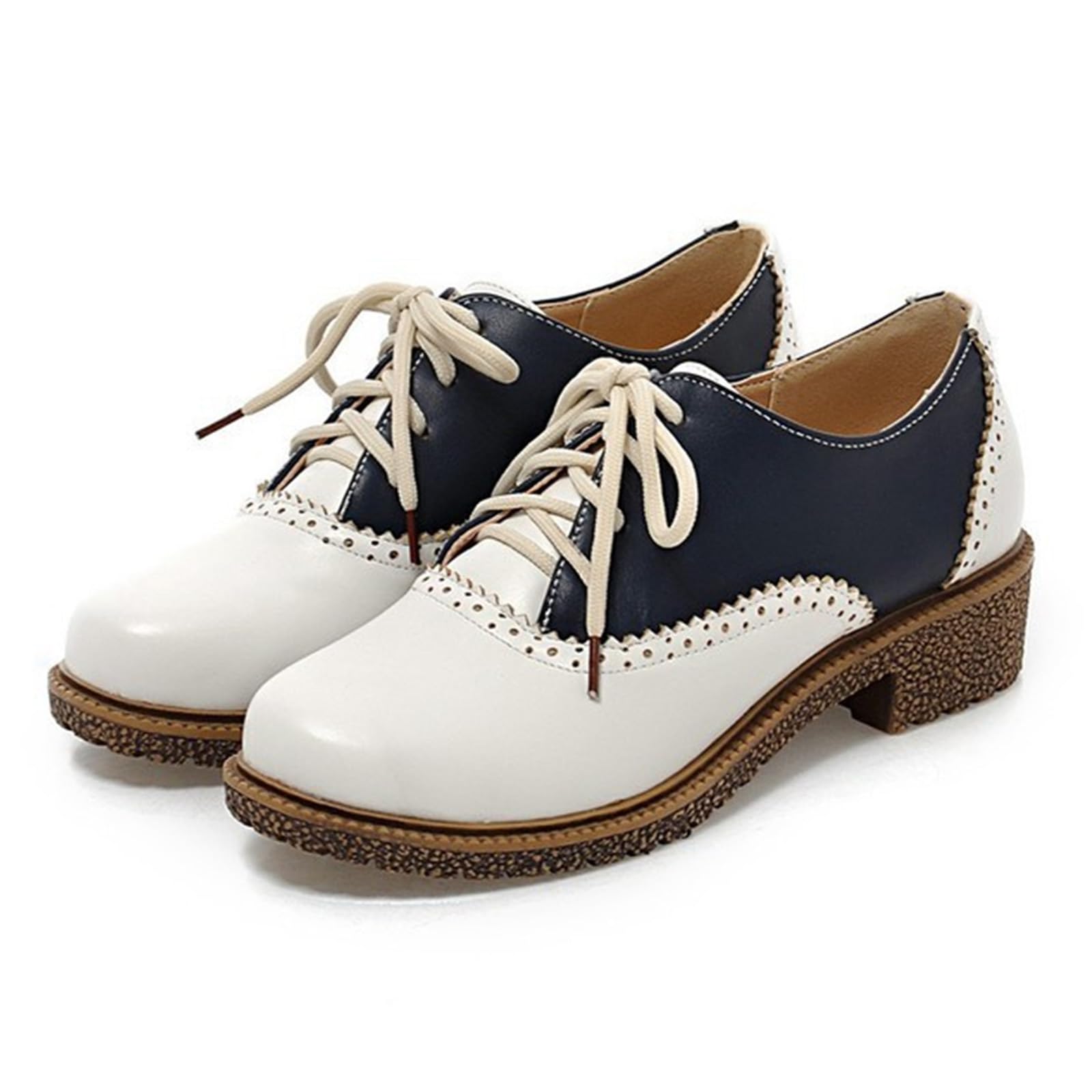 Womens Vintage Chunky Heel Brogue Oxford Shoes Retro Lace Up Comfortable Round Toe Non Slip Block Heel Perforated