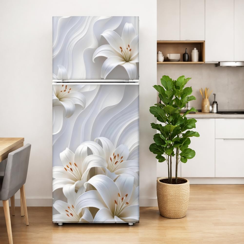 2 unidades de envoltura extraíble para nevera con diseño de flores de lirio, autoadhesivas, mural de vinilo para puerta de nevera, pegatina de cubierta de panel para congeladores, para