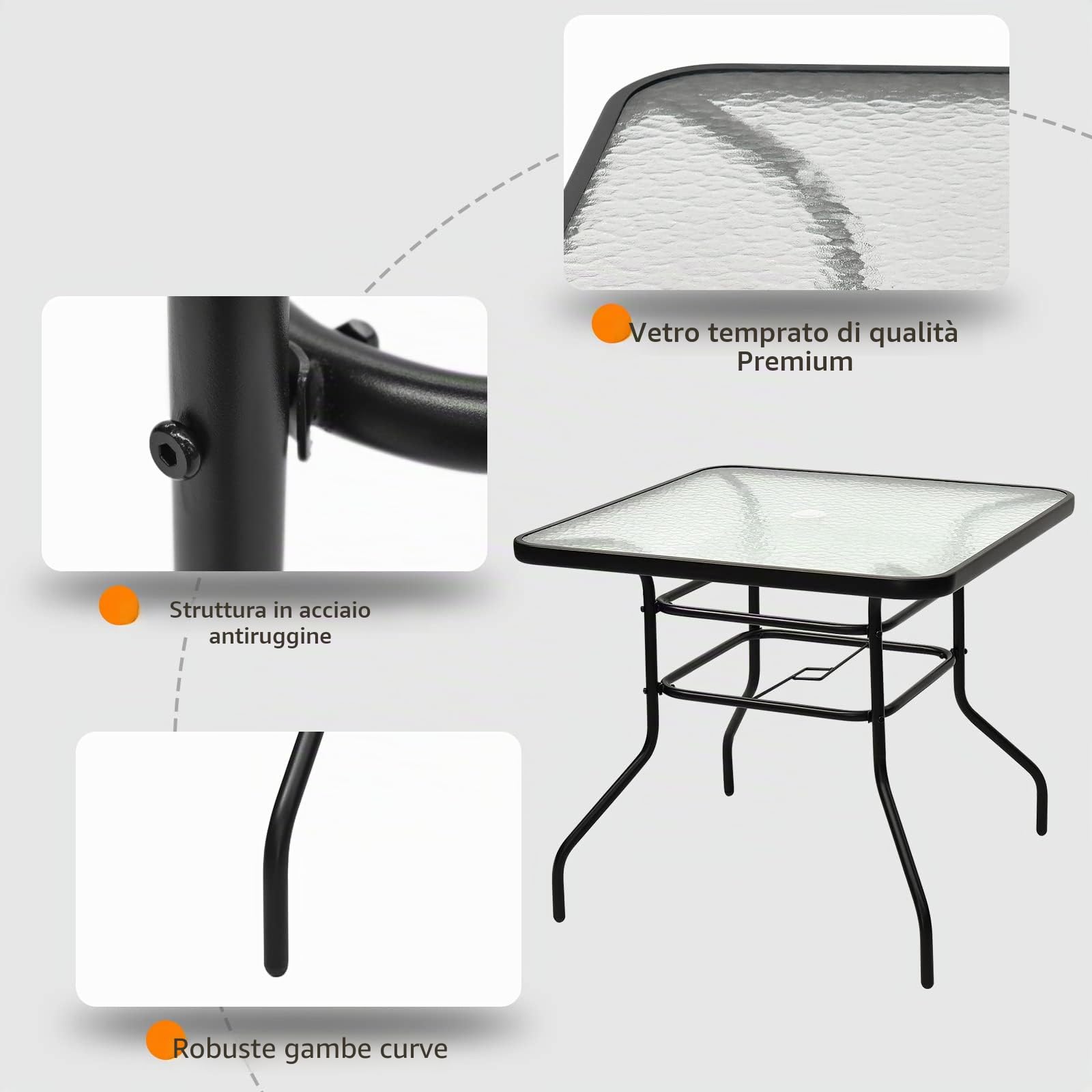 GIANTEX Tavolino in Vetro, con Foro di 40 mm per Ombrellone, 2 Anelli di Fissaggio, Tavolino Multiuso da Esterno, Giardino, Cortile, Balcone, Portata di 80 kg, 81x81x71 cm (Quadrato)