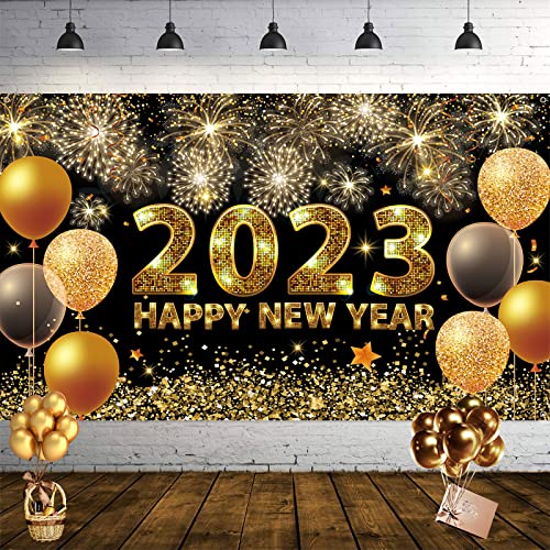 Banner de Año Nuevo 2023, Negro Oro 2023, Extra Grande Feliz Año Nuevo Fondo Póster, Decoración de Año Nuevo para 2023, Año Nuevo 43 x 73 Aduanas Cover
