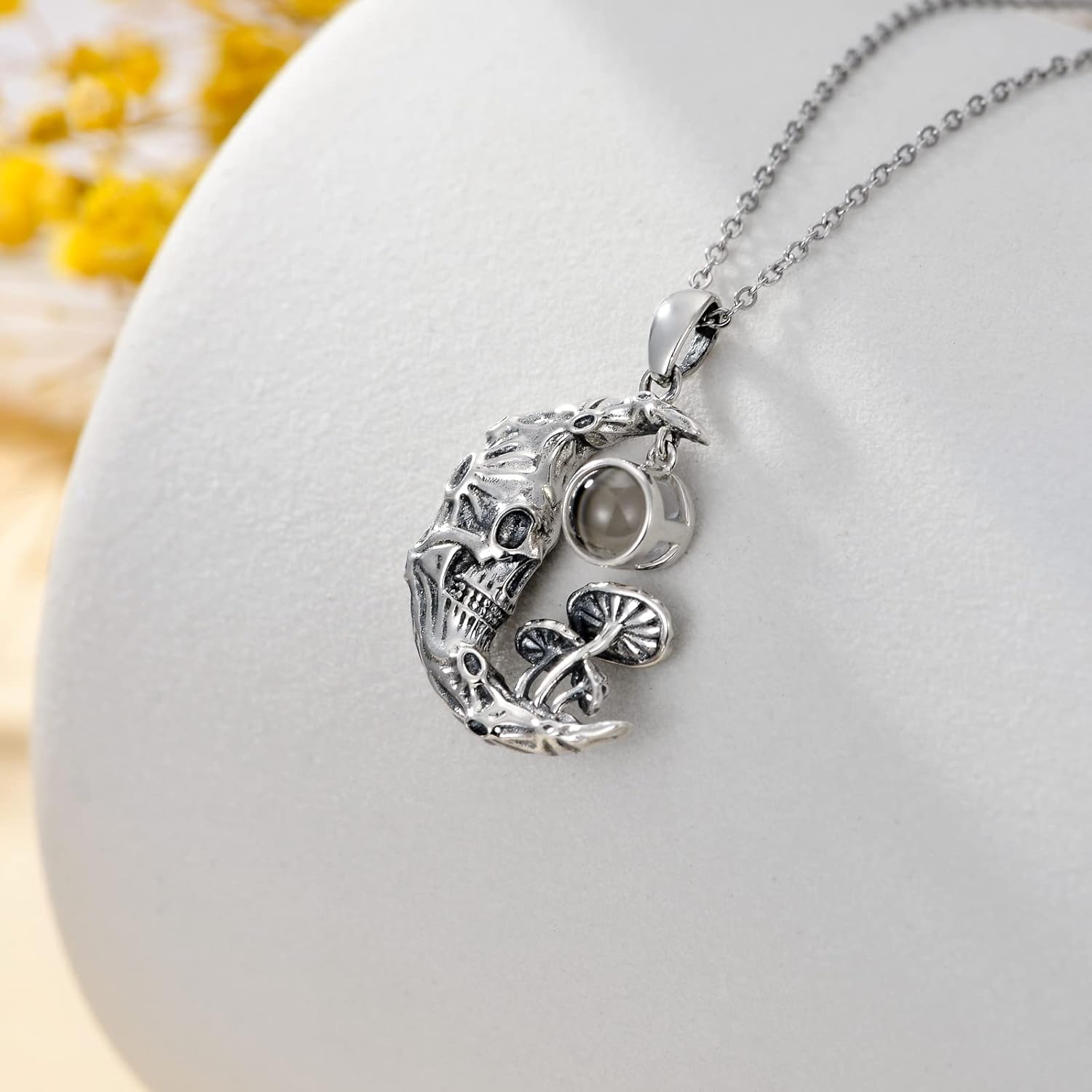Skull Pendant Necklace 925 Sterling Silver with Birthstones/Synthetic Moonstone/100 Languages Stone Gothic Jewelry Halloween Gifts for Women Wife Mom