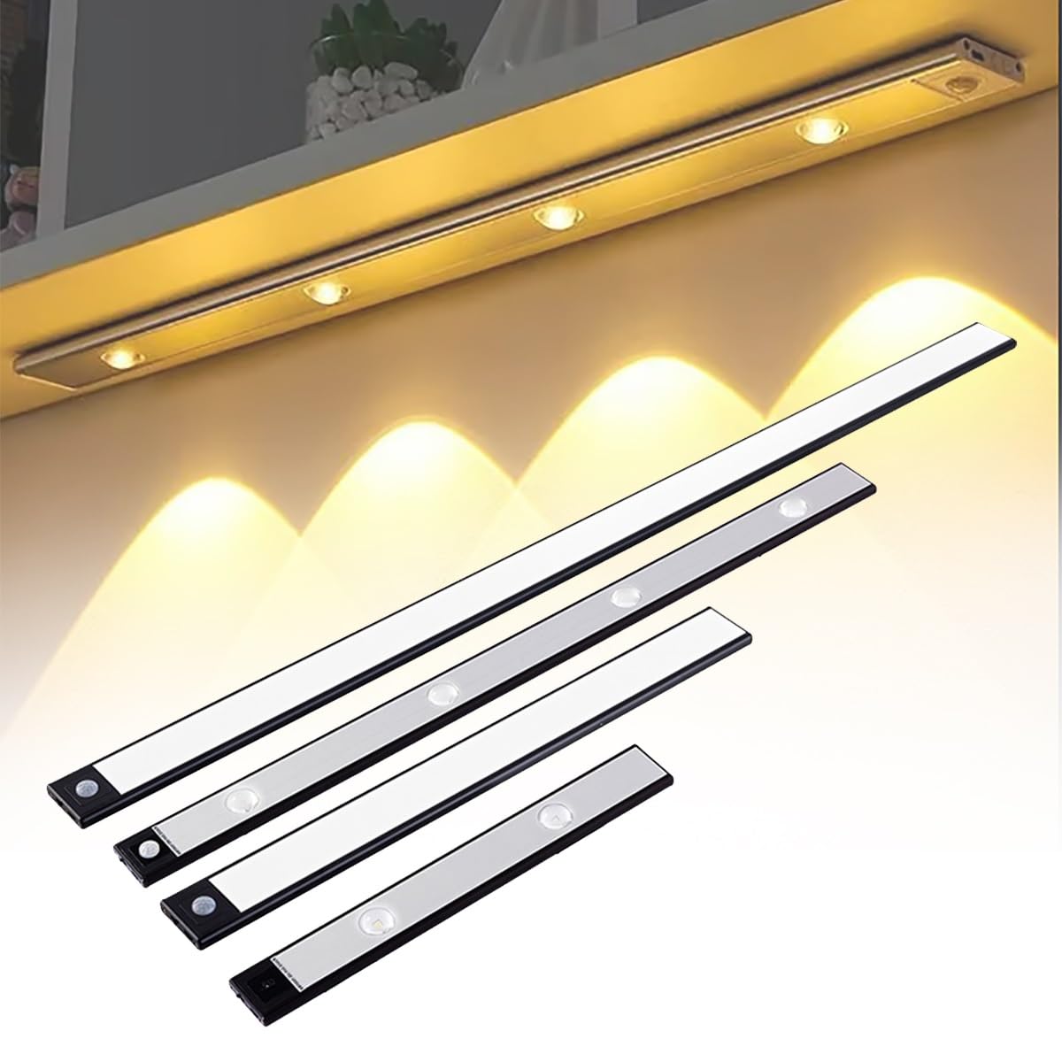 LED Motion Sensor Cabinet Light, Rechargeable Sensor Lights Indoors, Under Cabinet Kitchen Lights, Cupboard Light Indoor Magnetic Wireless USB 3 Color Temperature Stepless Dimming(Black,20cm/7.87in)