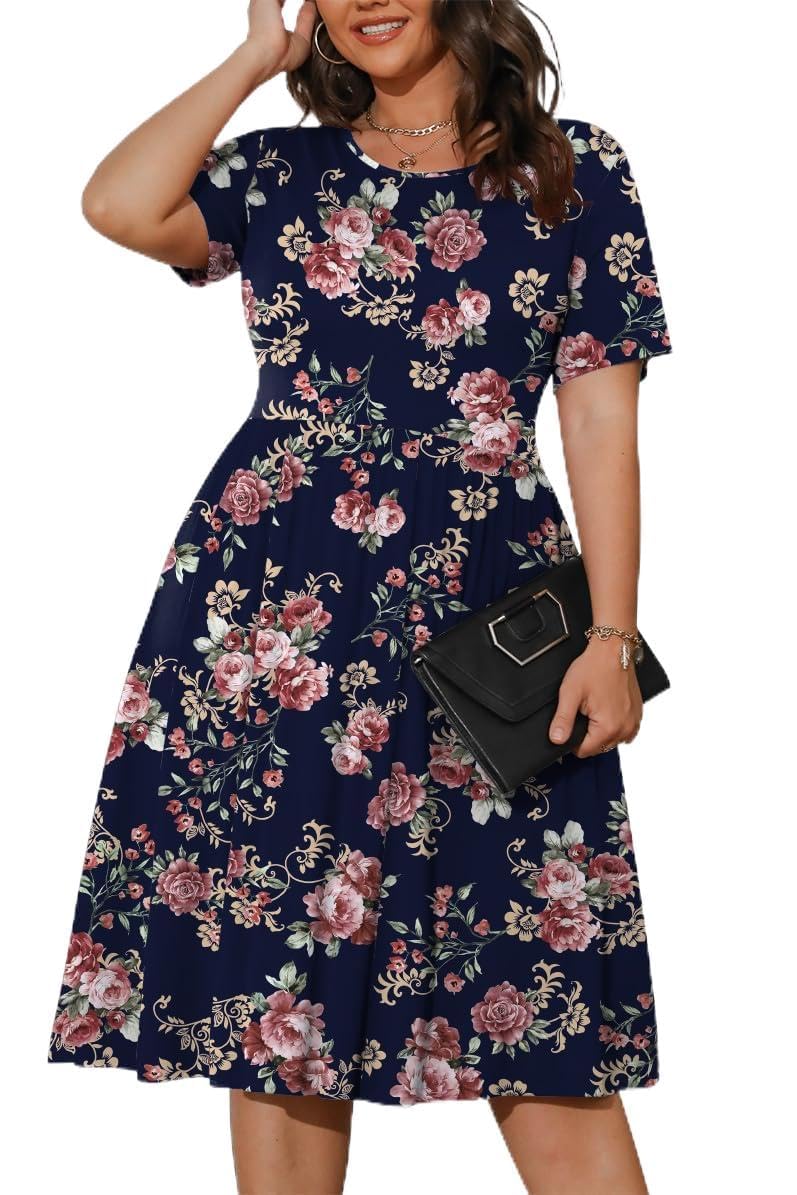 POSESHE Womens Plus Size Summer Dress 2026 Casual Short Sleeve Empire Waist Loose Fit Swing T-Shirt Dress with Pockets