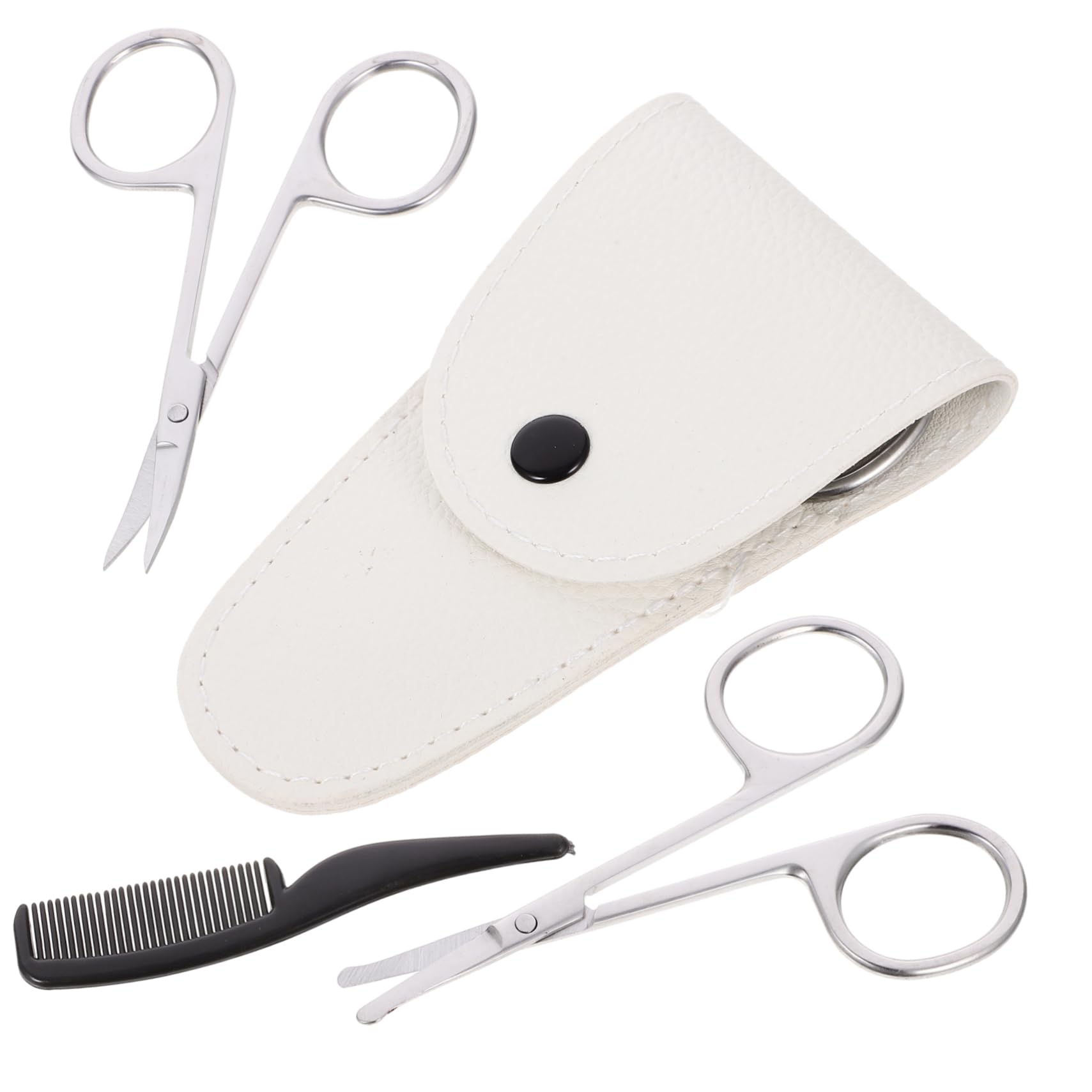 IWOWHERO 4pcs Stainless Scissor Suite for Beard Mustache Trimming Kit White Leather Case Small Comb
