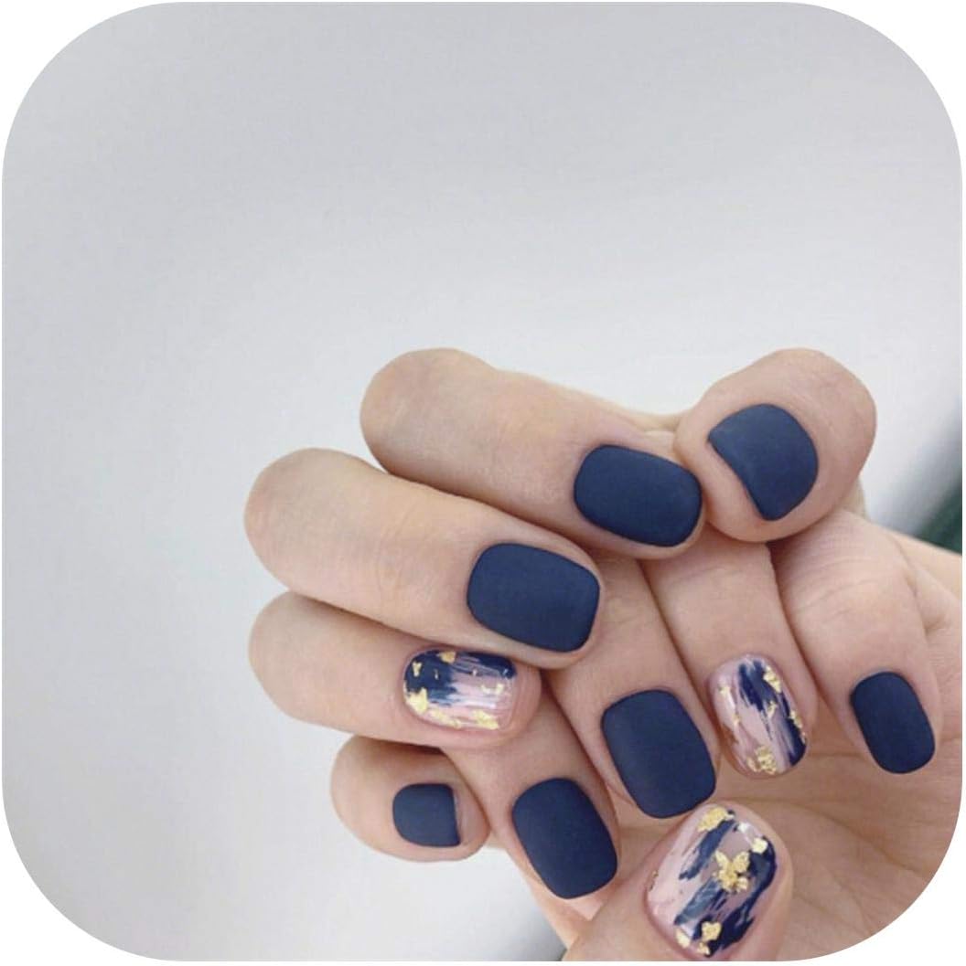 Natural Acrylic Nail 24pcs/box Blue Dye With Sequins Decorated Press On Nail Tips Frosted Square Head Short Wearable Full Cover Fake Nails With Glue-as-