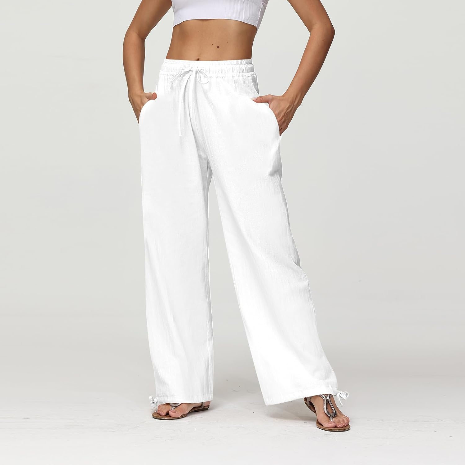 Wide Leg Linen Pants for Women Drawstring High Waisted Loose Beach Pants Summer Casual Work Pants Trouser with Pocket