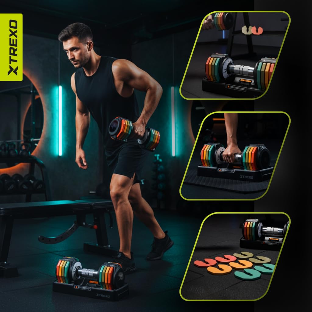 TREXO MULTICOLOR Verstellbare Hantelset 2x 5 kg Hanteln aus Stahl mit rutschfestem Griff Ideal für das Krafttraining zu Hause und im Fitnessstudio Verstellbare Hantel mit stabilem Standfuß