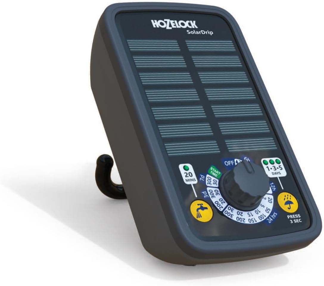 HOZELOCK - Solar Select Controller, Solar-Powered Automatic Watering Kit for Up to 20 Pots, Drip Irrigation System with 20m Hose, 13 Preset Programs, Manual Watering, and Rainwater Compatibility