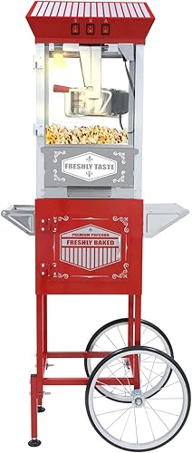 Carro de máquina de palomitas de maíz de 12 onzas, máquina vintage de palomitas de maíz con soporte, vidrio templado, cubierta de calentamiento con